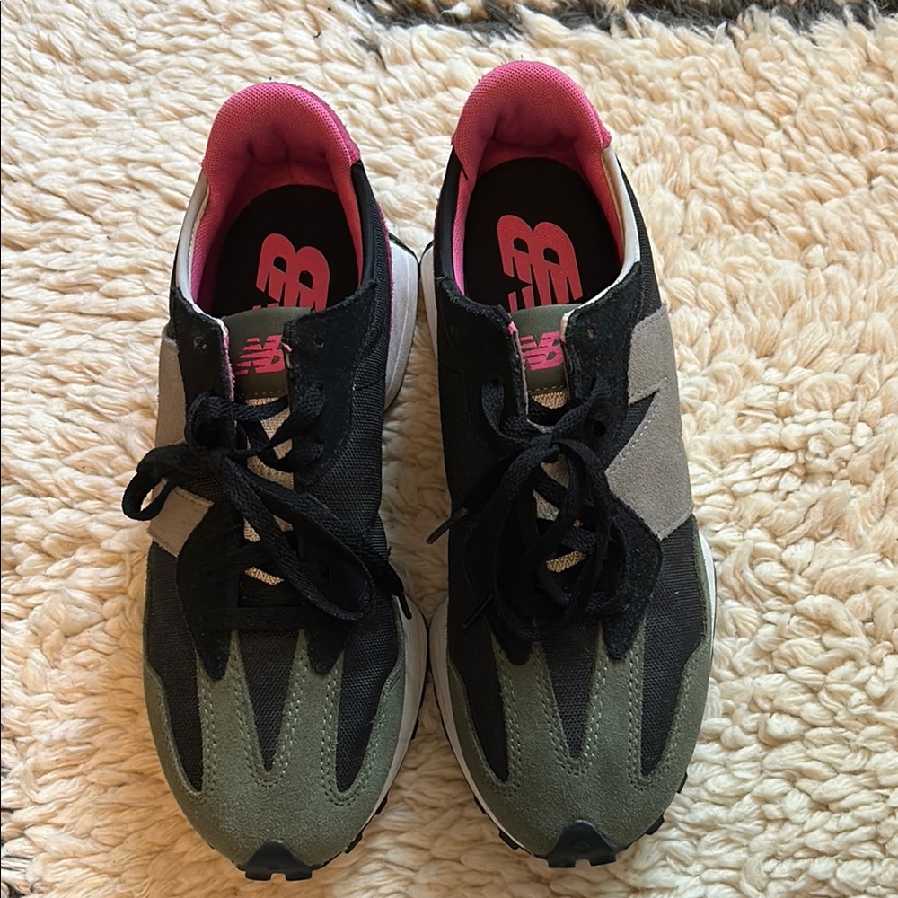 New Balance Black and Olive Sneakers with Pink Accents